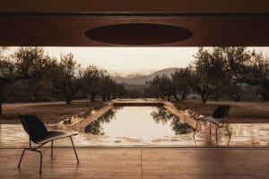 A minimalist landscape featuring a reflective water feature surrounded by concrete and glass elements.