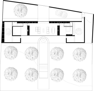 Floor plan of a modern living room featuring concrete and wooden materials with minimalist design.