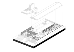 Modern residential floor plan featuring concrete, glass, and steel materials