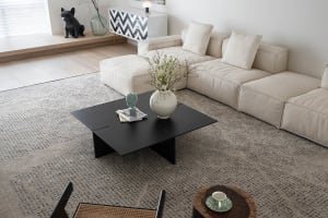 Minimalist design living room featuring beige sectional sofa, black square coffee table, and textured rug