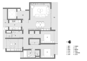 2D architectural drawing of a house interior with neutral color materials and functional zones labeled.