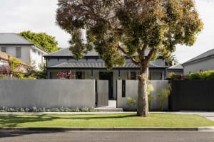A modern residential concrete home with a green lawn and a tree in front of a fence.