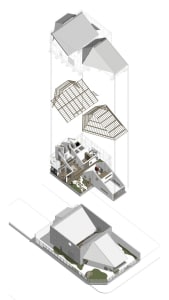 A modern residential architectural plan featuring a combination of wood, glass, and concrete materials.