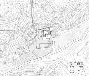 A detailed architectural site plan depicting a landscape architectural design with trees, contours, and building placements.