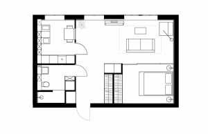A minimalist residential floor plan showing a living room, bedroom, and bathroom in neutral tones.