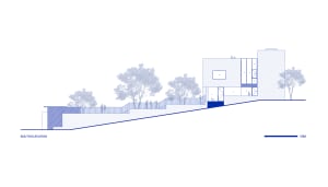 Concrete rendering of a house exterior viewed from the south with a scale of 10 meters.
