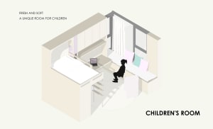 Minimalist bedroom design for children with a soft color palette and functional layout.