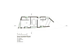 A minimalist architectural floor plan showing the layout of a second level with labeled rooms and scale.