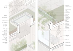 Modern balcony design featuring marble flooring and stone walls and coping.
