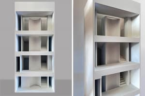 A minimalist modern living space with its clean lines and light tones.