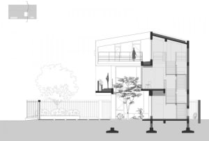 Black and white architectural drawing of a modern residential house