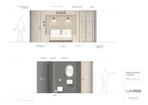 An interior design for a modern bedroom featuring fabric bedding and wooden furniture.