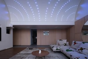 A modern minimalist living room featuring wooden walls and a white couch with floral print. The ceiling is illuminated by sta