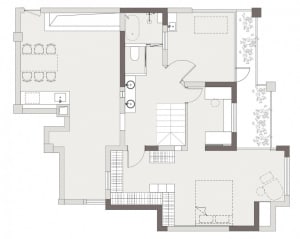 A modern apartment floor plan featuring a living area, dining area, kitchen, and two bedrooms.