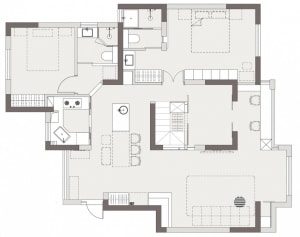A floor plan of a modern residential interior with two bedrooms, a living area, and a kitchen.