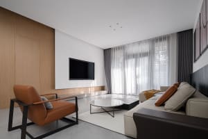 Modern living room with contemporary furniture, minimalist decor, and a sleek, contemporary style.
