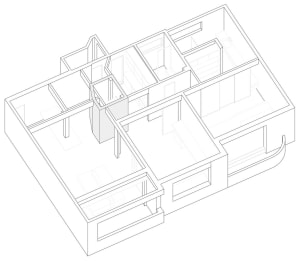 An isometric view of a minimalist residential floor plan showing open living spaces and efficient use of space.