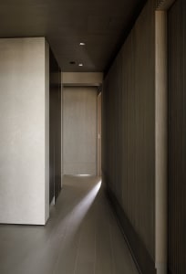 A modern corridor featuring wooden flooring and minimalist design elements.