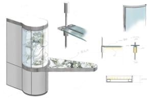 Design sketch of a modern interior furniture item with a glass component.