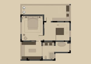 A modern residential floor plan with a neutral color scheme, featuring a bedroom, bathroom, and living area.