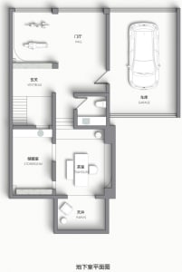 Floor plan of a modern home with a hall, storage room, and garage.