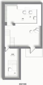 Floor plan of a minimalist residential space with white walls and functional zones.