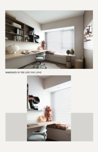 A modern home office featuring a wooden desk with shelves, a chair, and a view of the window with blinds.