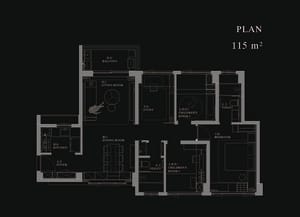 Floor plan of a modern minimalist apartment showing living room, dining room, kitchen, foyer, study, children's room, bedroom