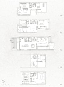 Modern residential floor plan showing living spaces, bedrooms, bathrooms, and kitchen layouts