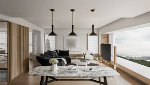 Modern living room with minimalist design featuring black pendant lights, a black sofa, a marble coffee table, and a large wi