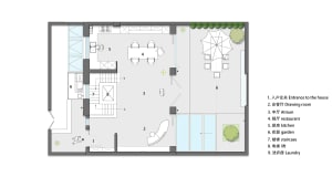 Floor plan of a modern townhouse featuring tile, glass, and metal materials.