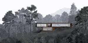 Modern minimalist house with wood frame and glass exterior, surrounded by trees and mountains.