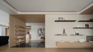 A modern living room featuring wooden shelves, a marble floor, and contemporary decor.