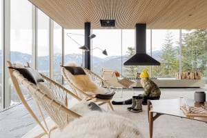 A minimalist living room with modern furniture, wood accents, and a comfortable seating area under a ceiling with a wooden sl