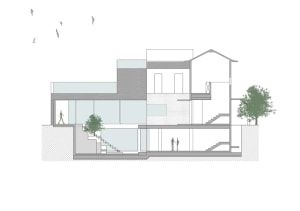 Cross-section illustration of a modern building with glass walls and concrete structural elements.