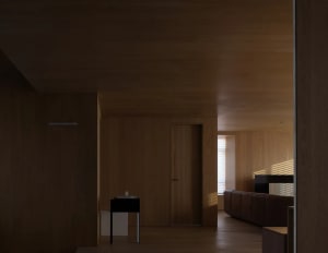Modern residential interior with wooden walls and flooring, contemporary design elements.