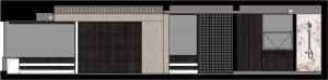 Modern interior design featuring wood cabinets, tiled flooring, and glass walls.