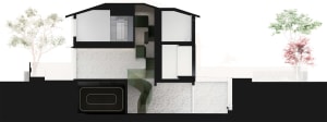 A modern architectural floor plan featuring a glass window, showing the interior layout and design elements.
