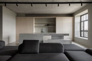 Contemporary living room featuring grey sofas, a concrete kitchen island, and wooden cabinets.