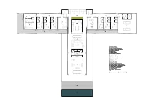 Floor plan of a modern house showing architectural layout and room design details.