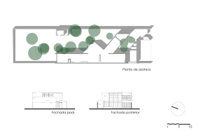 Floor plan of a roof garden featuring greenery and architectural elements.