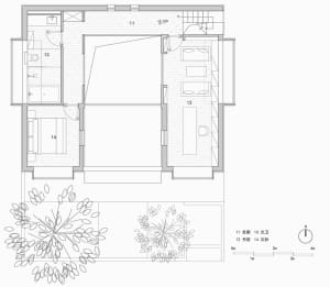 Floor plan of a minimalist residential house with wooden materials.