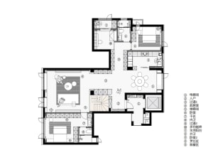 Floor plan diagram of a modern apartment with loft-style design elements, showcasing an open living area and multiple bedroom