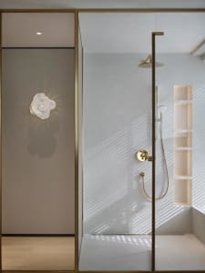 Modern bathroom shower with glass enclosure, polished brass fixtures, and concrete flooring.