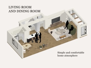 Modern living room and dining room with wood flooring and comfortable home atmosphere.