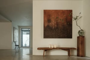 Modern interior design with wooden furniture
