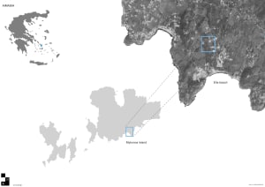 Mykonos Island map showing the location of Elia beach and Mykonos island within the Aegean Sea.