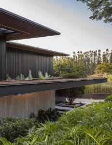Modern house exterior featuring steel material and greenery.
