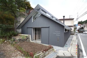 Grey stone path with a modern metal roof structure