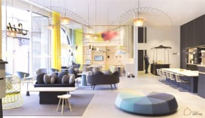 A modern hotel lobby featuring colorful furniture and abstract lighting.
